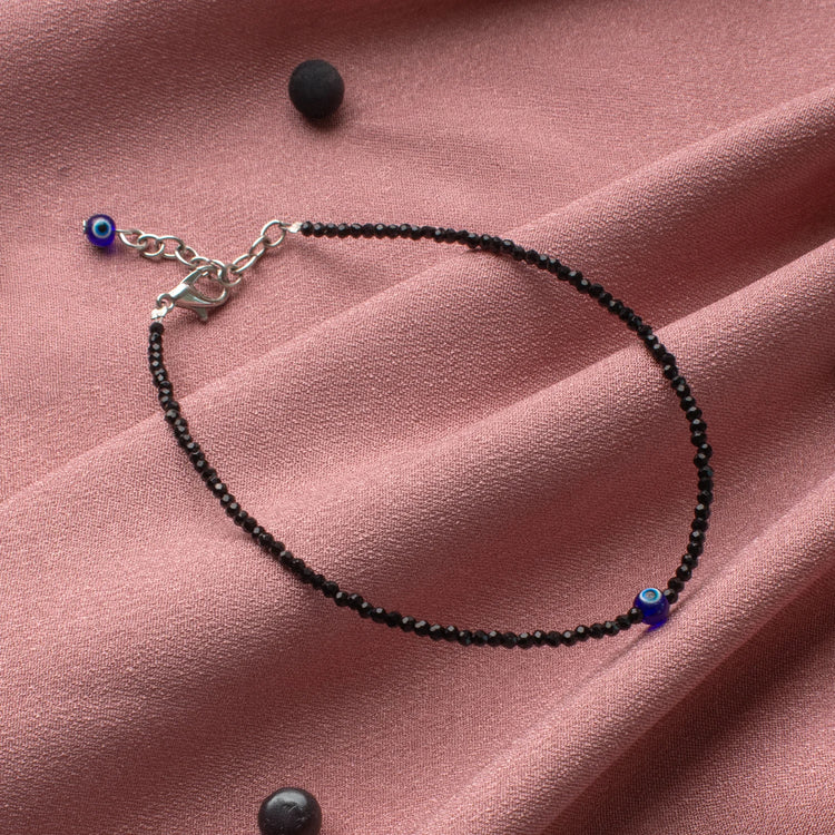 Black Tourmdline Anklet With Evil Eye Charm
